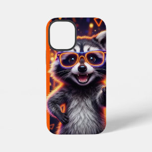 Coque iPhone 12 Mini Raton laveur avec des lunettes jaunes lumineuses à