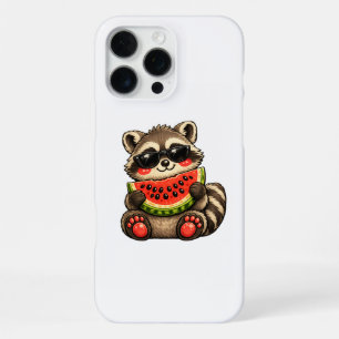 Coque iPhone 16 Pro Max Raton laveur mignon avec pastèque