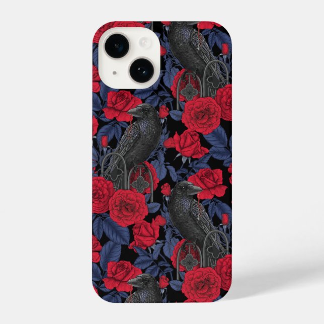 Coque iPhone Ravages et roses avec des feuilles bleu foncé (Verso)