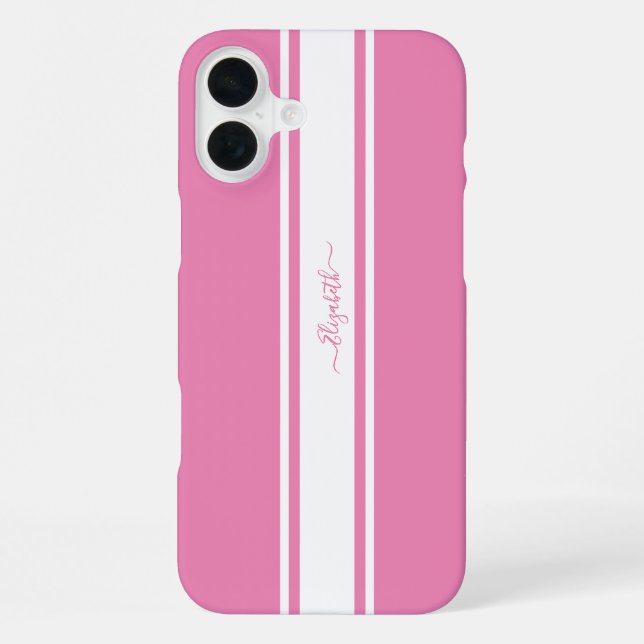 Coque iPhone Rayes de course roses et blanches Monogramme Chic  (Verso)