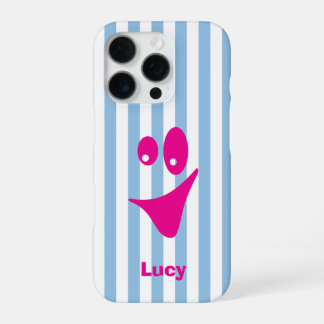 Coque iPhone 16 Pro Rayure bleu ciel rose vif sourire excentrique