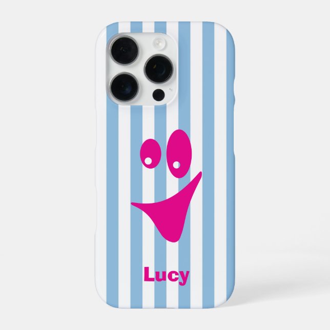 Coque iPhone Rayure bleu ciel rose vif sourire excentrique (Verso)