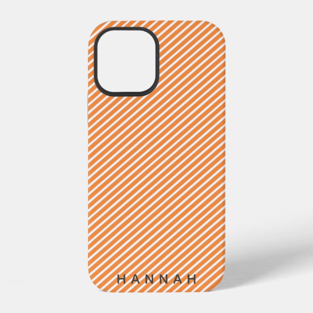 Coque iPhone Rayure de bonbon moderne | Nom diagonal orange brû (Verso)