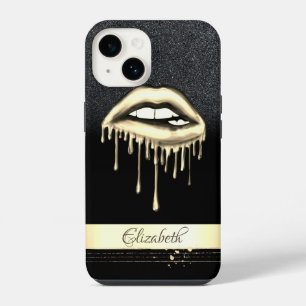 Coque Pour iPhone 14 Rayure dorée, lèvres dégoulinantes métalliques ver