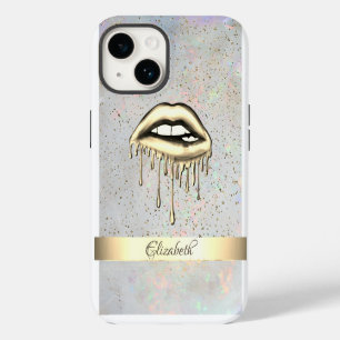 Coque Pour iPhone 14 Rayure dorée, Lèvres qui dégoulinent métalliques H