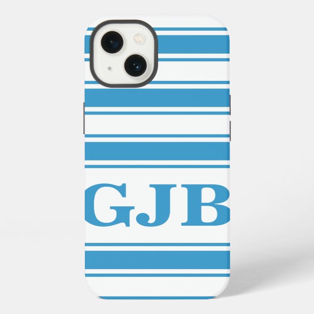 Coque iPhone Rayure horizontale bleue avec monogramme (Verso)
