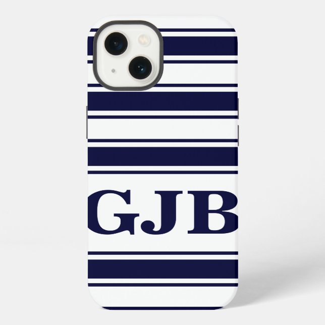 Coque iPhone Rayure horizontale de la marine avec monogramme (Verso)