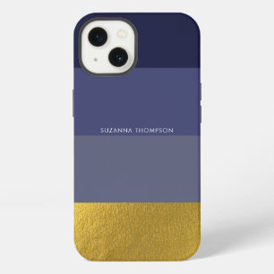 Etui iPhone 13 Rayure Horizontale Moderne Bleu Nuit & Or Feuille