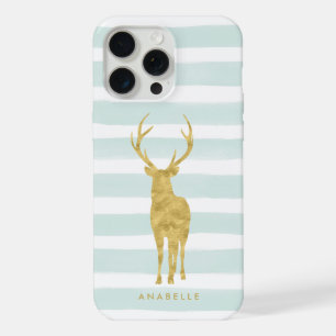 Coque iPhone 15 Pro Max Rayures aquarelles vertes et cerf doré