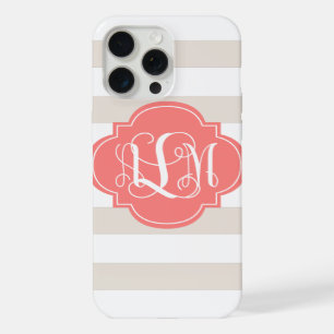 Coque iPhone 15 Pro Max Rayures beige et monogramme corail