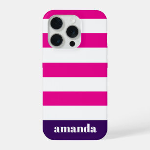 Coque iPhone 15 Pro Rayures Blanches Rose Vibrant Nom Personnalisé