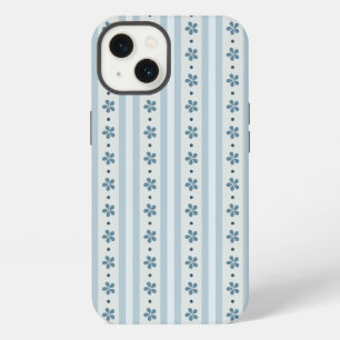 Etui iPhone 13 Rayures Bleues Clair Et Fleurs