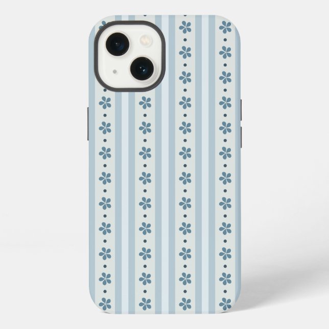 Coque iPhone Rayures Bleues Clair Et Fleurs (Verso)