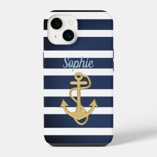 Coque Pour iPhone 14 Rayures bleues et ancre dorée nautique
