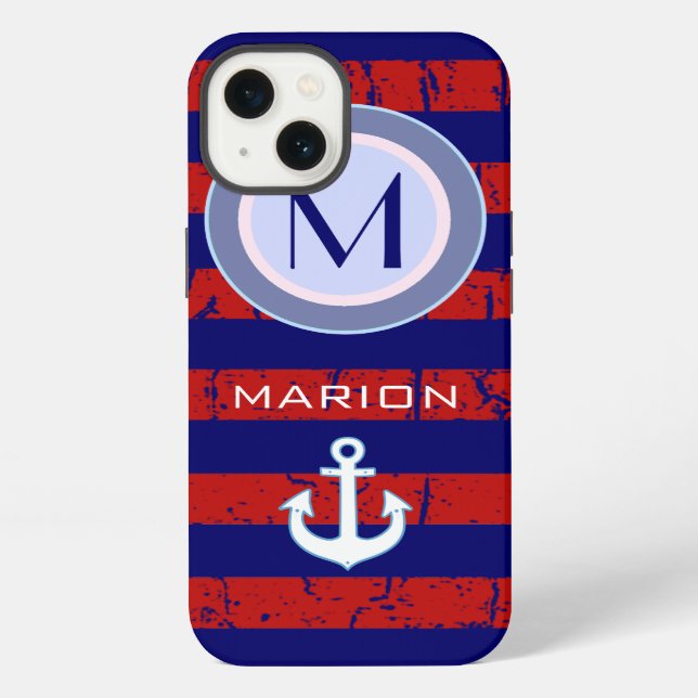 Coque iPhone rayures bleues et rouges & monogramme d'ancre (Verso)