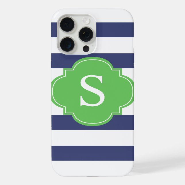 Coque iPhone Rayures bleues et vertes Monogramme (Verso)