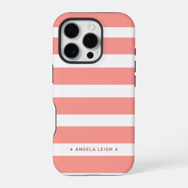 Coque iPhone Rayures de cabane rose corail mignon (Verso)