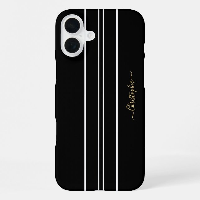 Coque iPhone Rayures de course Noir Blanc Chic Monogrammé en Or (Verso)