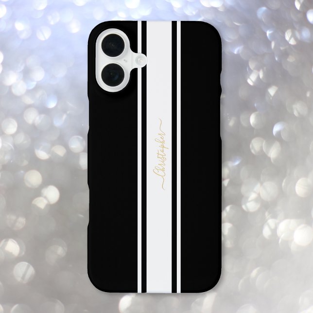 Coque iPhone Rayures de course Noir Blanc Classique Monogramme  (Classic Black White Racing Stripes Gold Monogram iPhone Case)