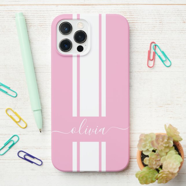 Coque iPhone Rayures de course tendance moderne monogrammées  (Sur le bureau)