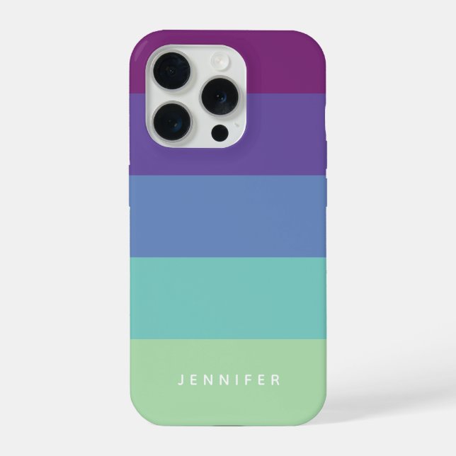 Coque iPhone Rayures de lagon modernes, bleu violet, nom person (Verso)