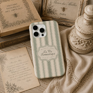 Coque iPhone 15 Pro Rayures de Sauge Subtile de Style Campagnard Franç