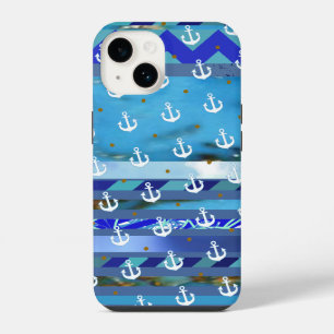 Coque Pour iPhone 14 rayures de turquoise et motif bleus d'ancre