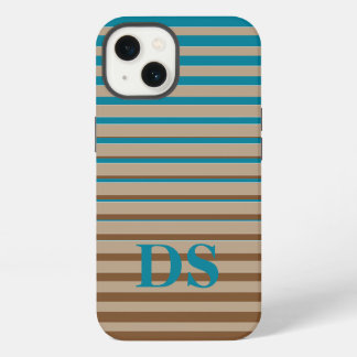 Etui iPhone 13 Rayures horizontales Monogramme Brown et bleu