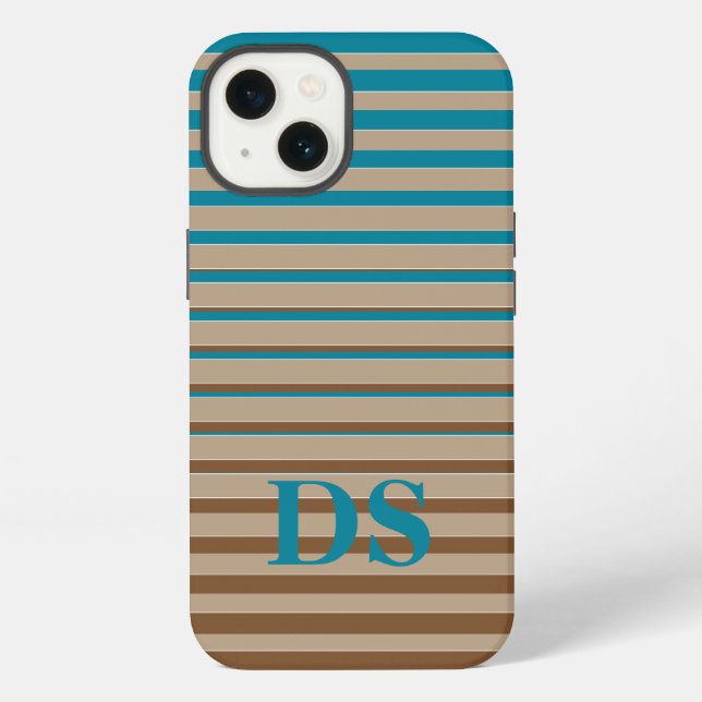 Coque iPhone Rayures Horizontales Monogramme Marron & Bleu (Verso)