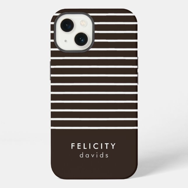 Coque iPhone Rayures horizontales monogramme marron et blanc (Verso)