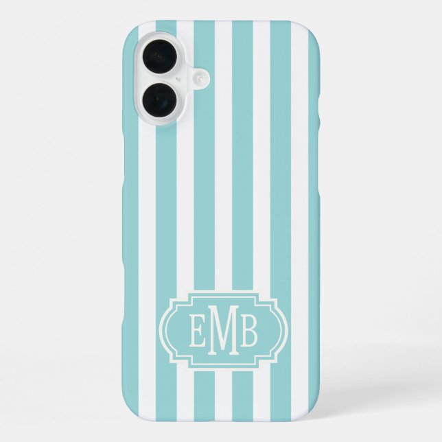 Coque iPhone Rayures Monogrammées Aqua et Blanc (Verso)