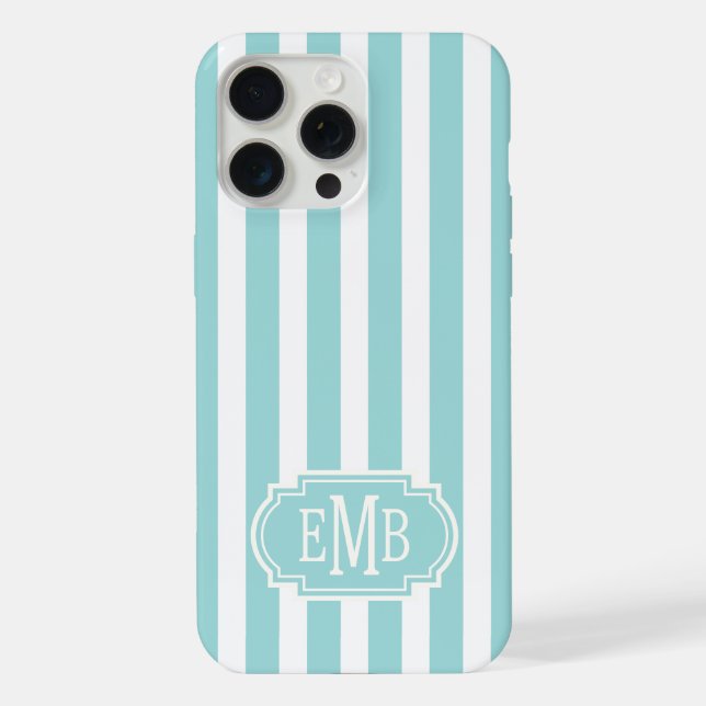 Coque iPhone Rayures Monogrammées Aqua et Blanc (Verso)