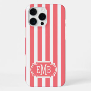 Coque iPhone 16 Pro Max Rayures Monogrammées Corail et Blanc