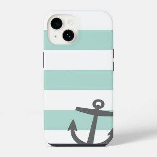 Coque Pour iPhone 14 Rayures nautiques vertes et grises et ancre