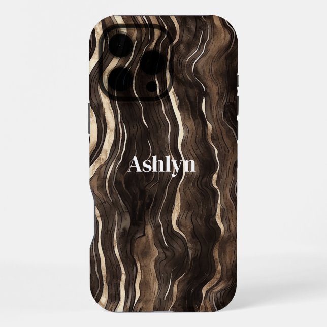 Coque iPhone Rayures ondulées marron chocolat or (Verso)