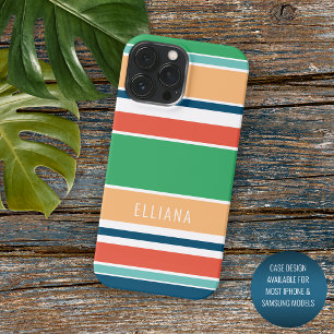 Coque iPhone 16 Pro Max Rayures personnalisées été orange bleu foncé vert