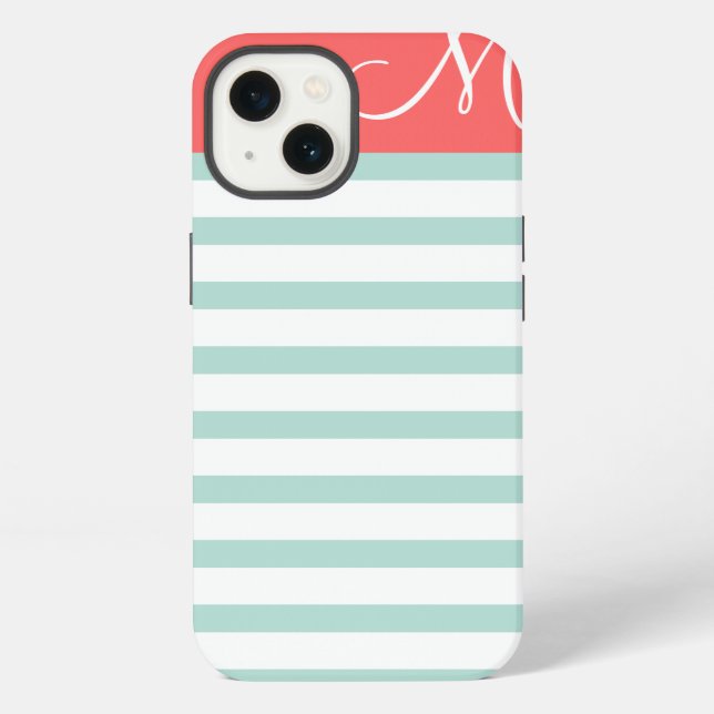 Coque iPhone Rayures Prépa Menthe et Corail Monogramme Personna (Verso)