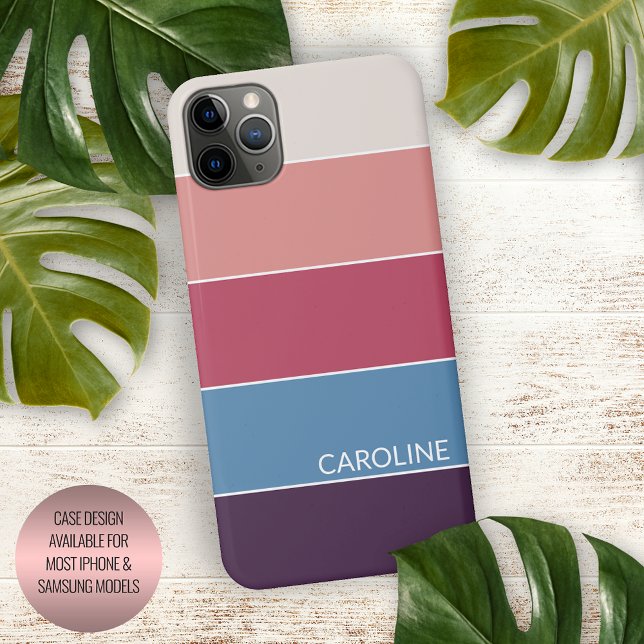 Coque iPhone Rayures Rose Pâle Rouge Corail Bleu Violet Foncé (Créateur téléchargé)