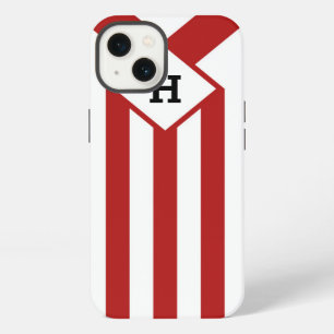 Etui iPhone 13 Rayures rouges et chevrons avec monogramme sur fon