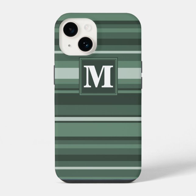 Coque iPhone Rayures vert sauge monogramme  (Verso)