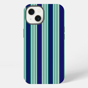Etui iPhone 13 Rayures vertes et blanches avec du bleu marine