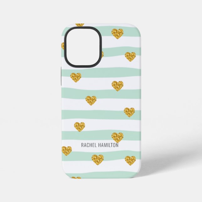 Coque iPhone Rayures vertes et blanches Cœurs dorés Nom personn (Verso)