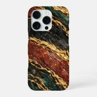 Coque iPhone 16 Pro red and gold and dark green glitter marble
