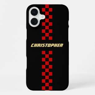 Coque iPhone 16 Plus Red Black À damiers Racing Drapeau Or Monogrammé