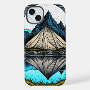 Coque iPhone 15 Plus Réflexion d'une tente sur le lac dans les montagne