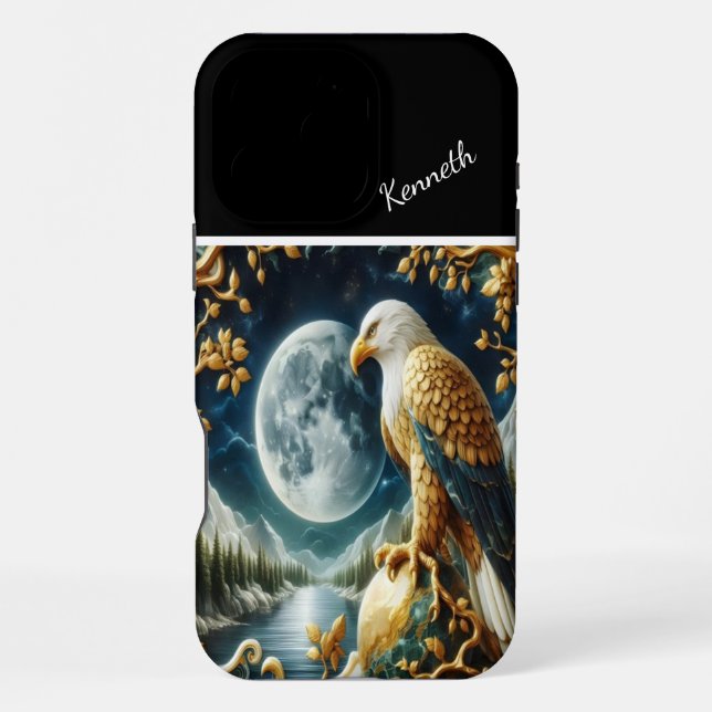 Coque iPhone Regard d'aigle fixé sur la pleine lune (Verso)