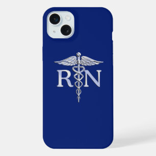 Coque iPhone 15 Plus Regised Nurse RN Caduceus on Blue Decor