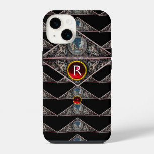 COQUE POUR iPhone 14 RENAISSANCE MONOGRAMME, PIERRES GEMMES RUBIS ROUGE