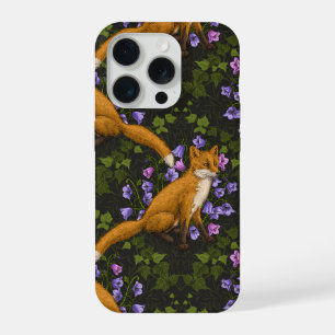 Coque iPhone 15 Pro Renard, campanules et lierre, vert, orange et viol