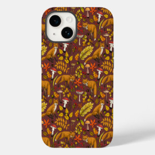 Coque Pour iPhone 14 Renards d'automne sur fond brun chocolat